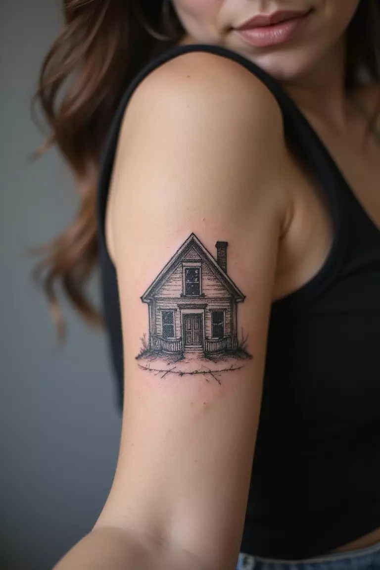 A close-up shot of a woman showing her black ink sketchy artistic style house tattoo on her arm.