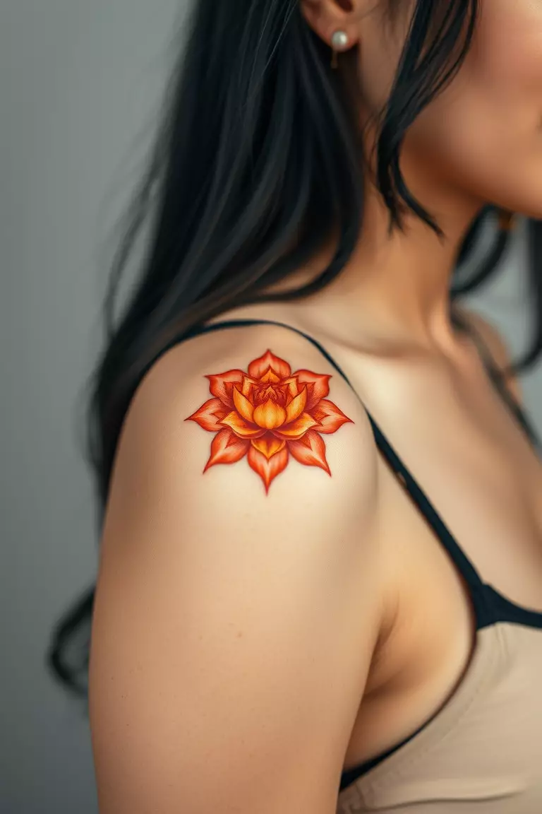 A close-up photo of a woman showing her orange lotus flower arm tattoo design.  