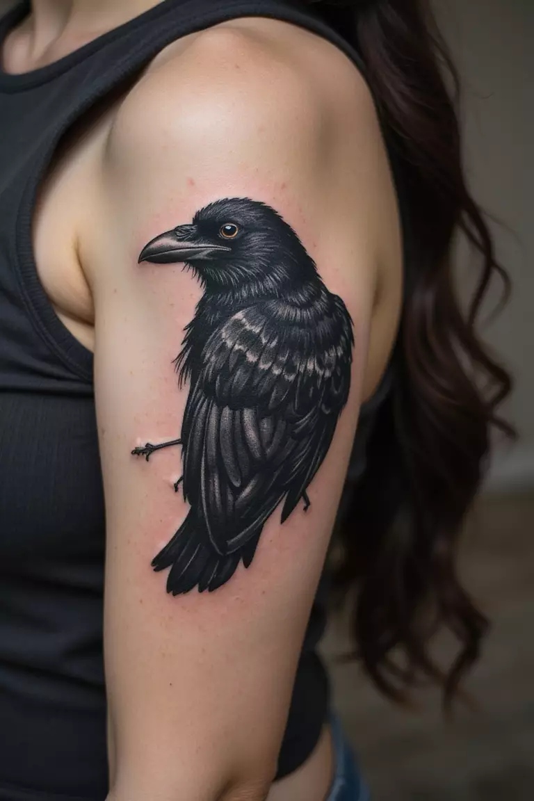 A close up shot of woman's arm with a black ink tattoo of a raven.