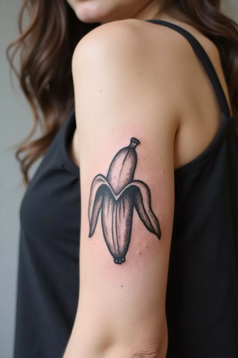 A close-up shot of a woman showing her black ink fun banana tattoo on her arm