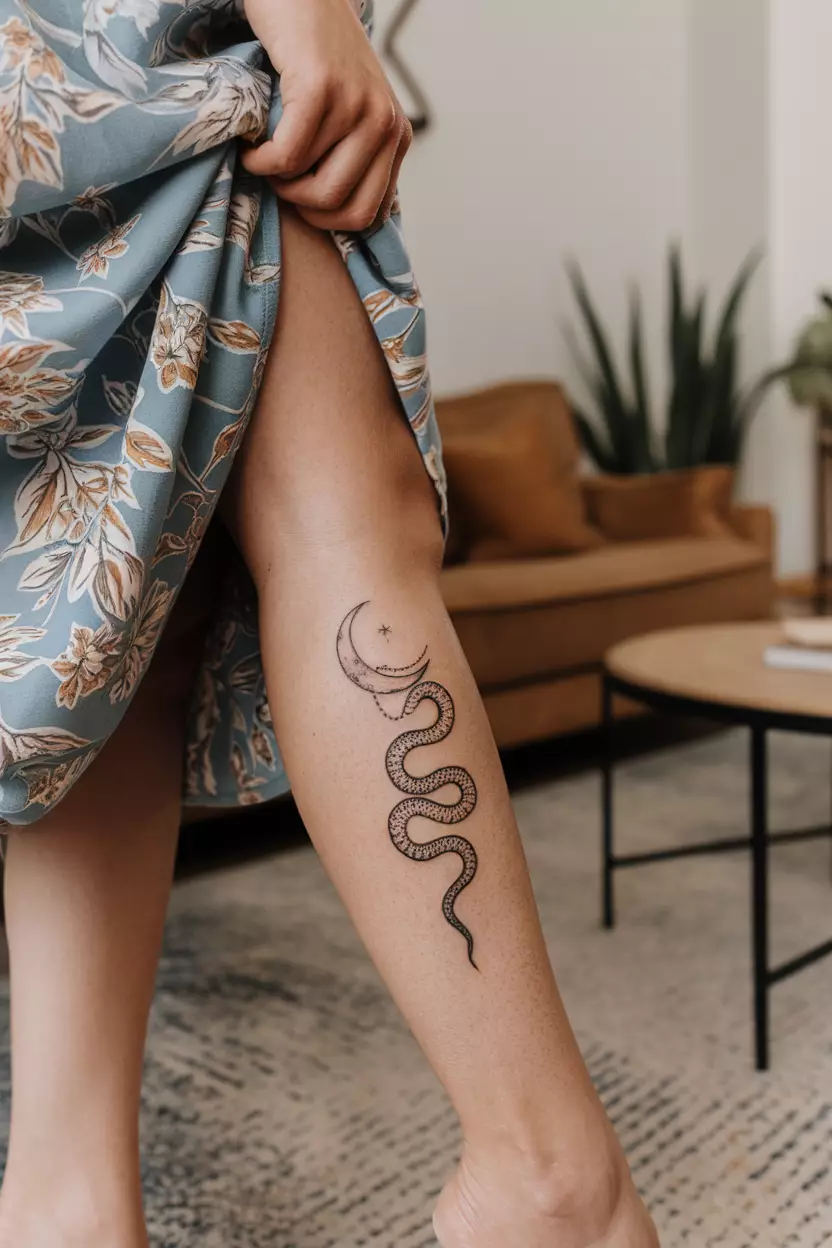 A close-up photo of a woman showing her calf with a tattoo of a slender crescent moon with a snake gracefully coiled around it, tattoo design, living room background