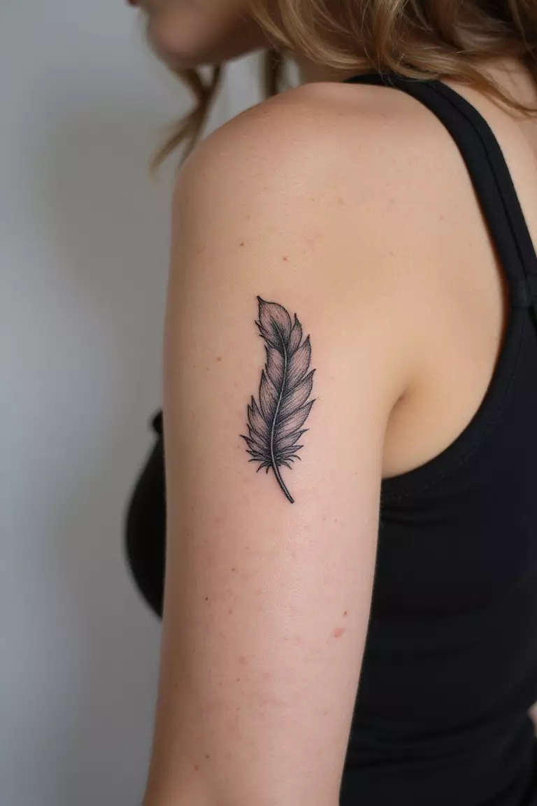 A close-up shot of a woman showing her black ink single delicate feather tattoo design on her arm