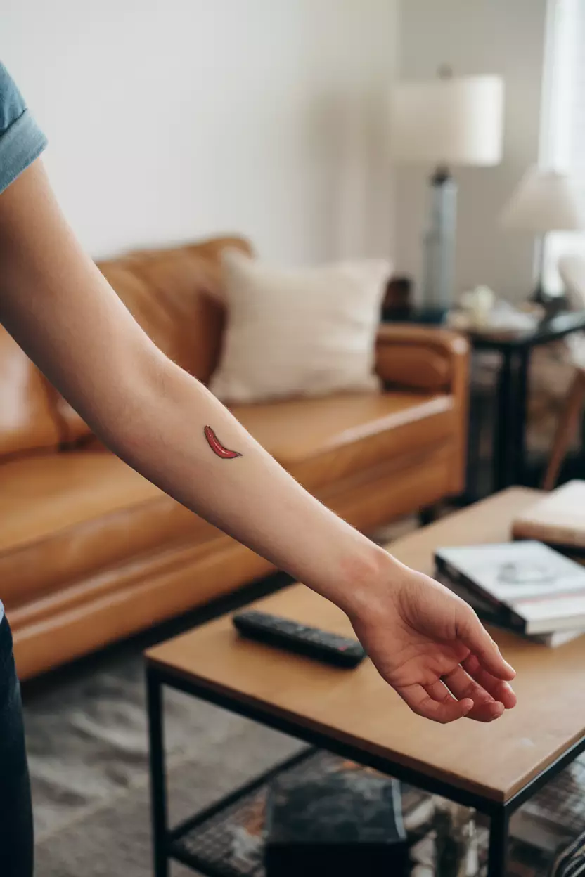 Tiny Chili Pepper A close-up photo of a woman showing her tiny red chili pepper tattoo, tattoo design, living room background