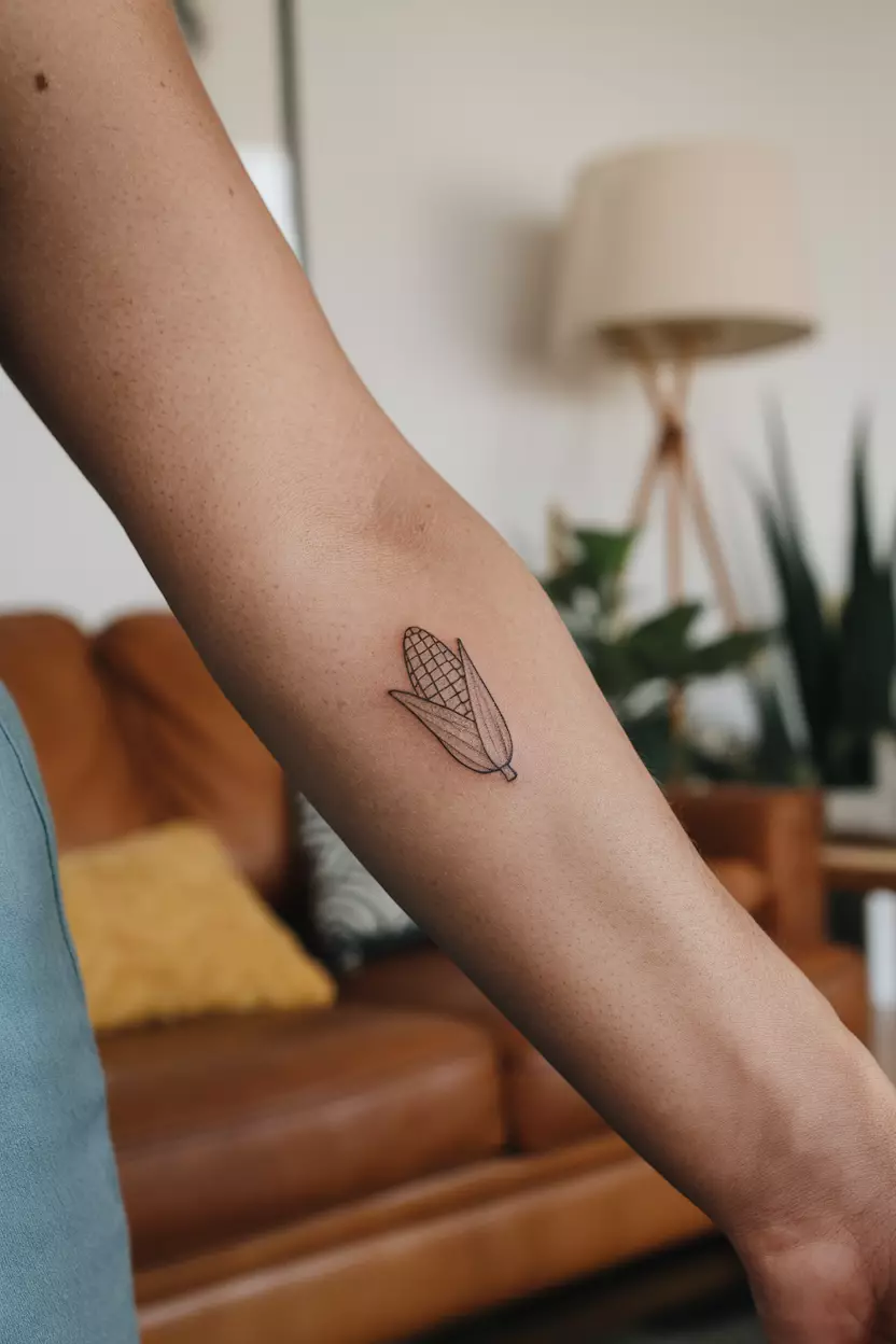 Tiny Corn A close-up photo of a woman showing her tiny corn on the cob tattoo, living room background