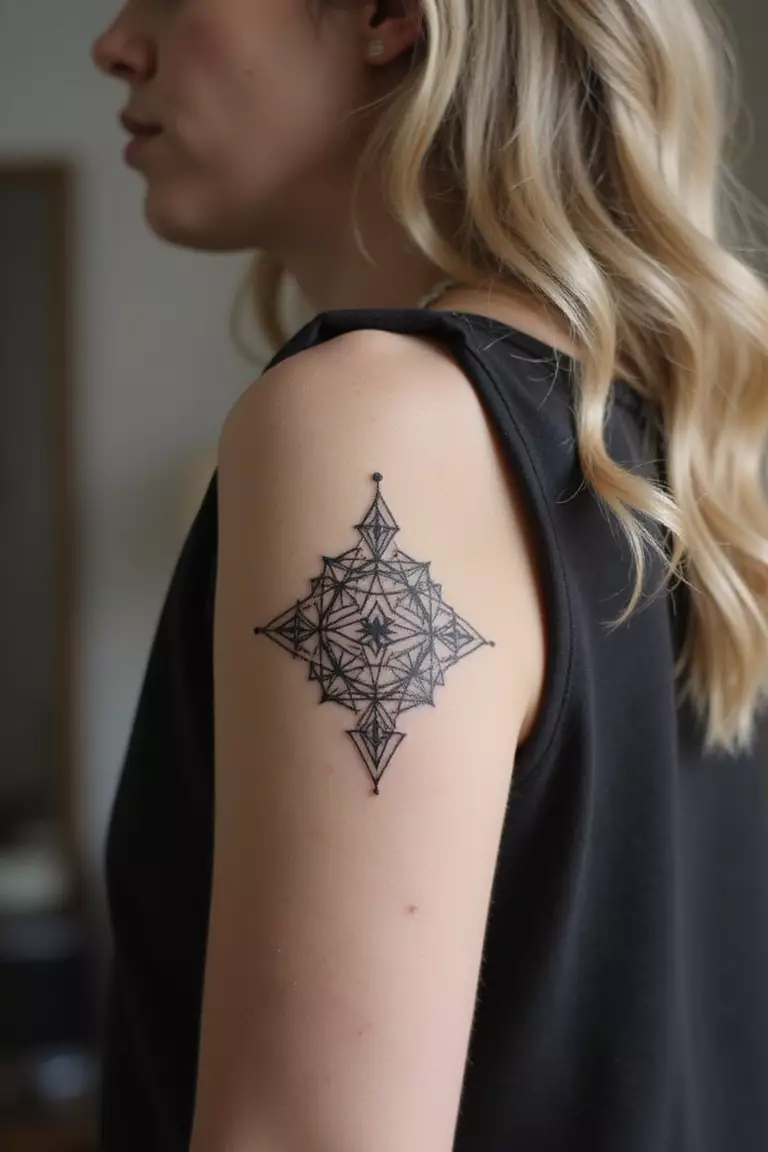 A close-up shot of a woman's arm with a black ink tattoo of an intricate geometric pattern made of triangles and lines.