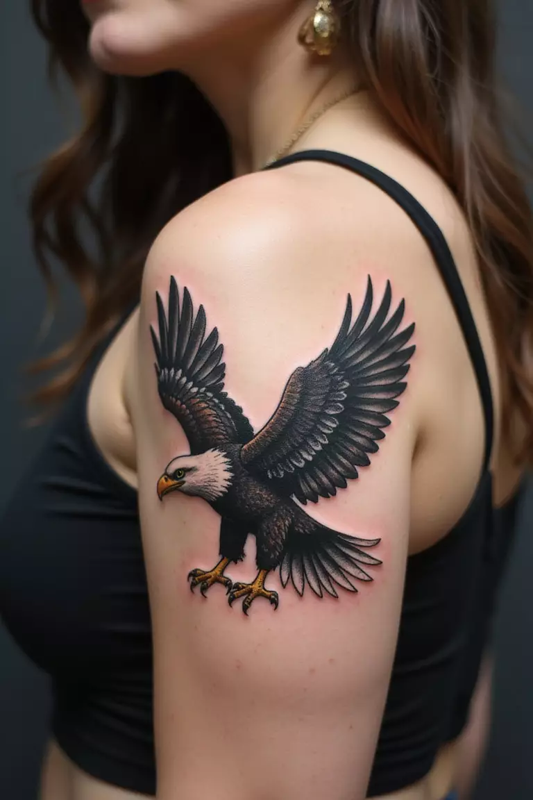 Soaring Eagle A close-up shot of a woman showing her black ink soaring eagle tattoo on her arm.