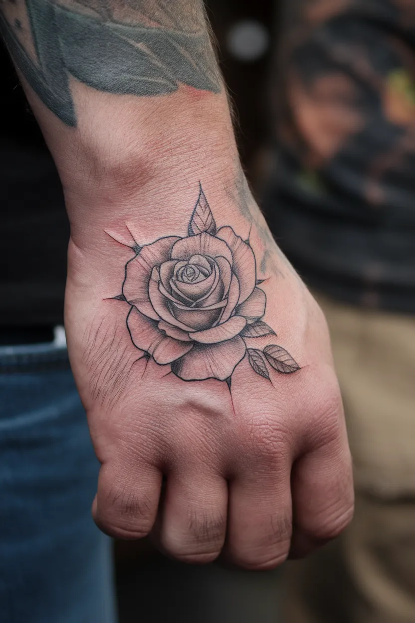 Black and Gray/fineline Rose Hand Tattoo