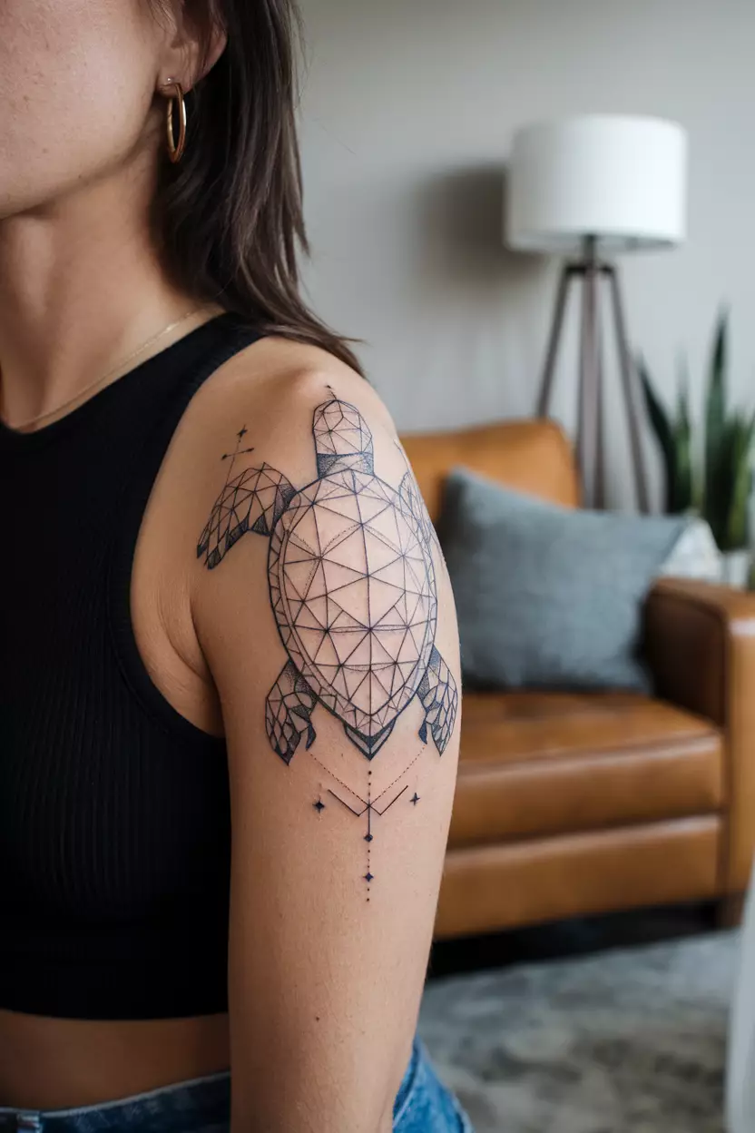 A close-up photo of a woman showing her geometric turtle tattoo on her upper arm, incorporating sharp angles and shapes that create a modern and edgy look, living room background.