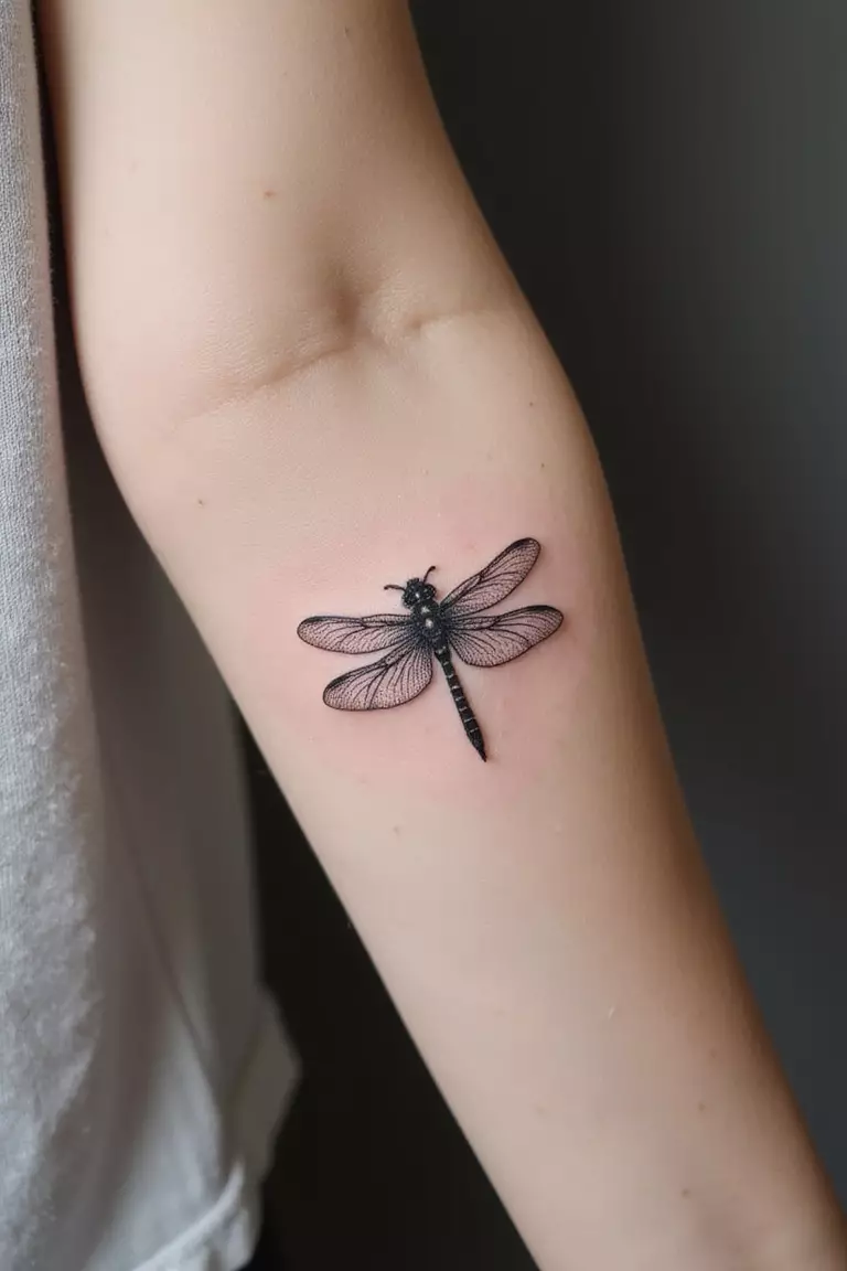 A close-up shot of a woman's arm with a black ink tattoo of a small, detailed dragonfly with delicate wings.