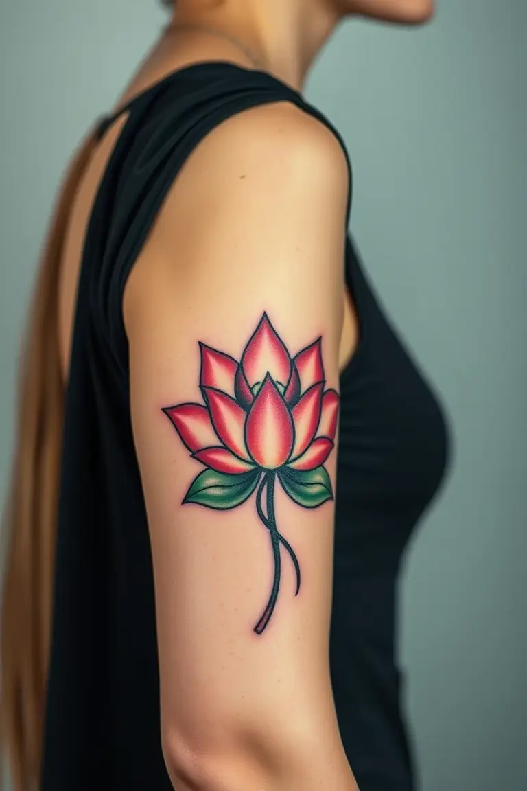 A close-up photo of a woman showing her cartoonish lotus flower arm tattoo design.