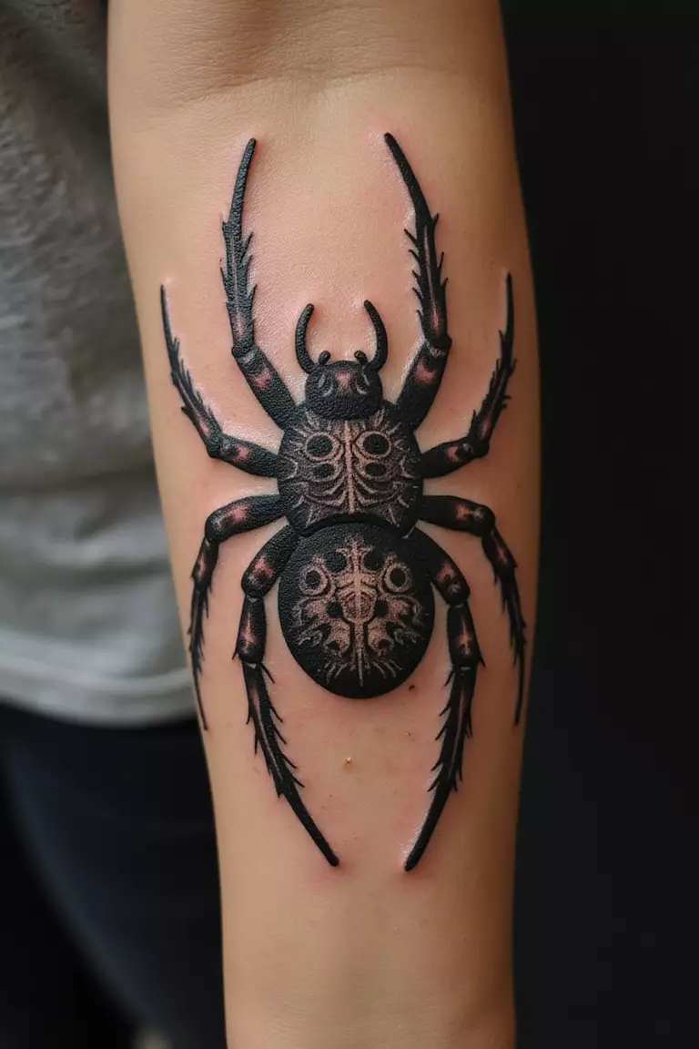 A close-up shot of a woman showing her black ink tribal style tarantula tattoo design with bold patterns on her arm