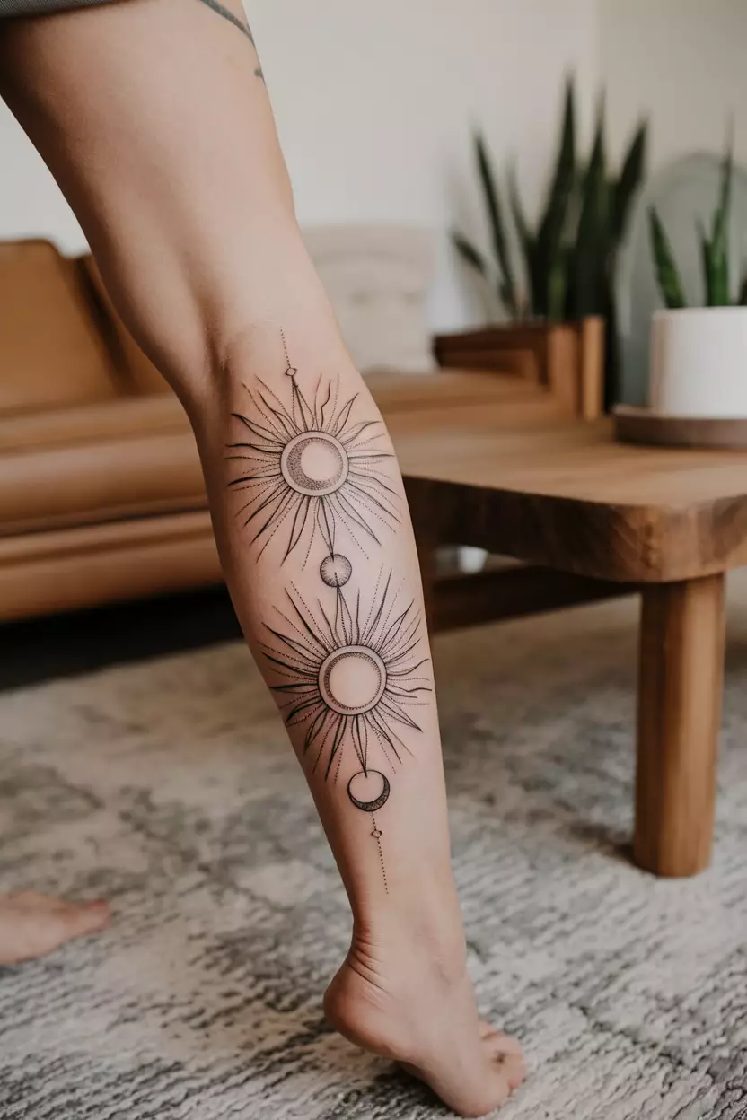 A close-up photo of a woman showing her outer calf with a fineline black and gray tattoo of intertwined sun and moon shapes, tattoo design, living room background