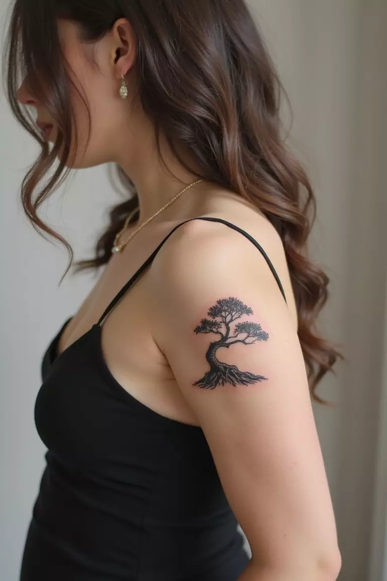 A close-up shot of a woman showing her black ink minimalist outline bonsai tree tattoo design on her arm