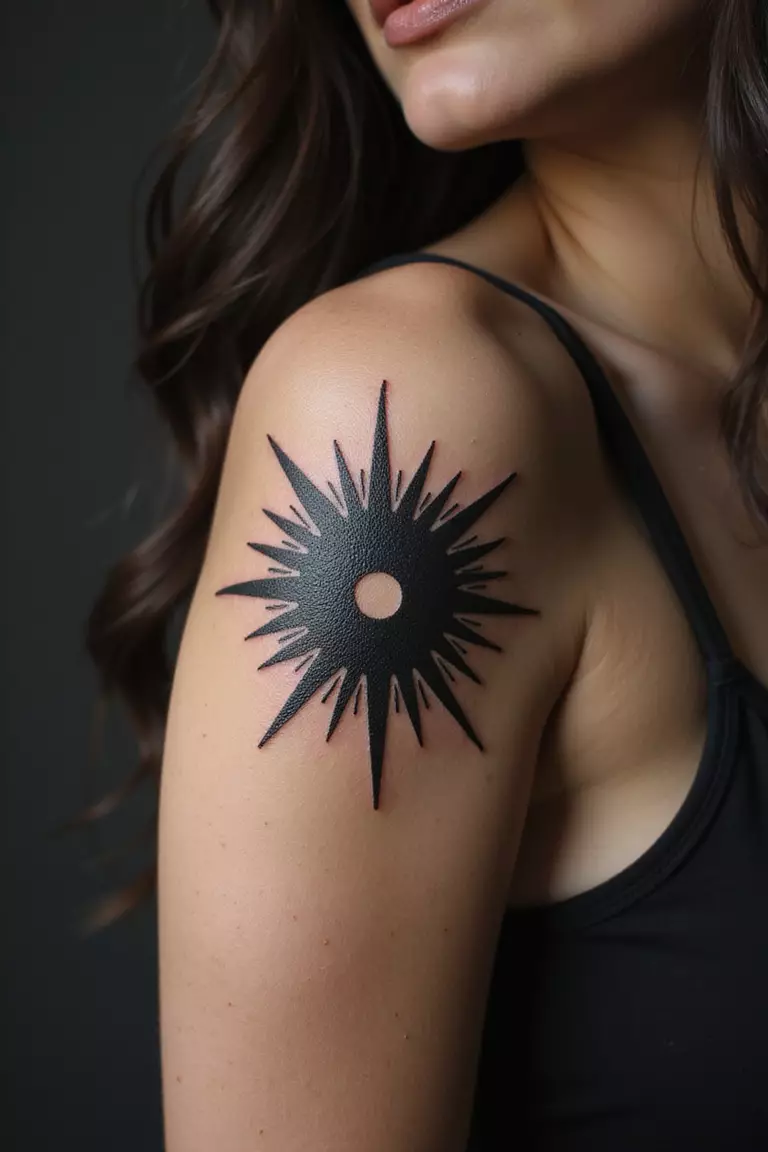 A close-up shot of a woman showing her black ink hyper-realistic sun with detailed solar flares and texture tattoo design on her arm