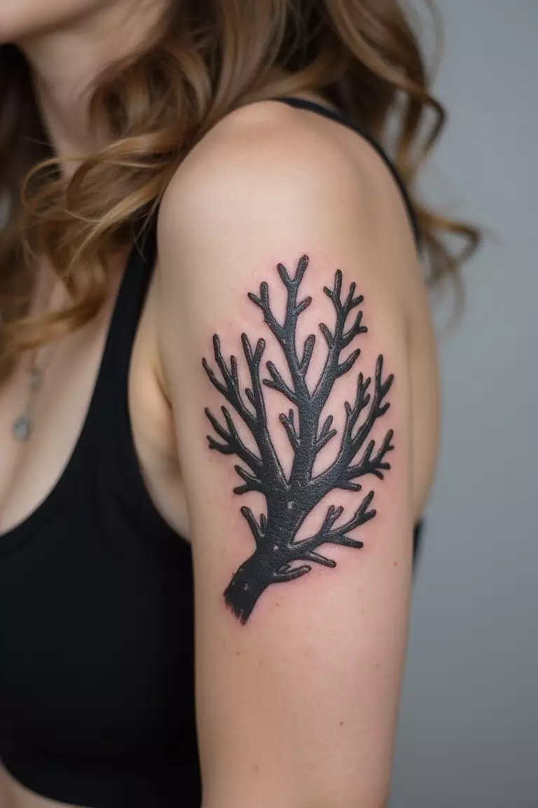 A close-up shot of a woman showing her black ink bubble coral cluster tattoo design on her arm