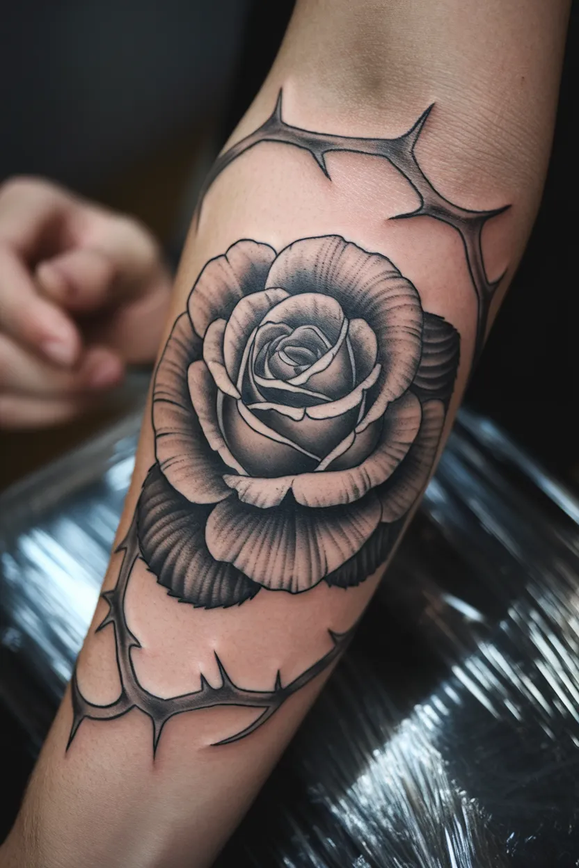 Black and Gray Forearm Tattoo of Rose