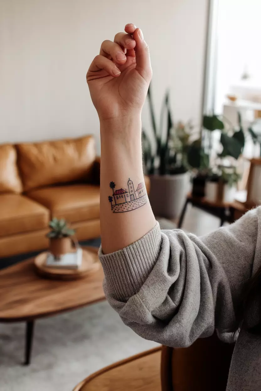 Tiny Historic Plaza A close-up photo of a woman showing her tiny tattoo of a simplified Mexican plaza, tattoo design, living room background