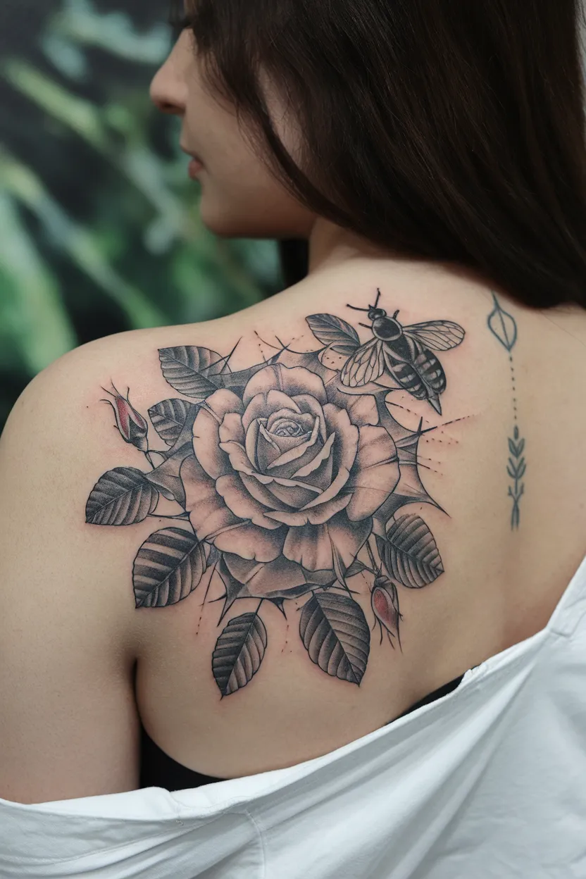Flora and Fauna Rose Tattoo on Back