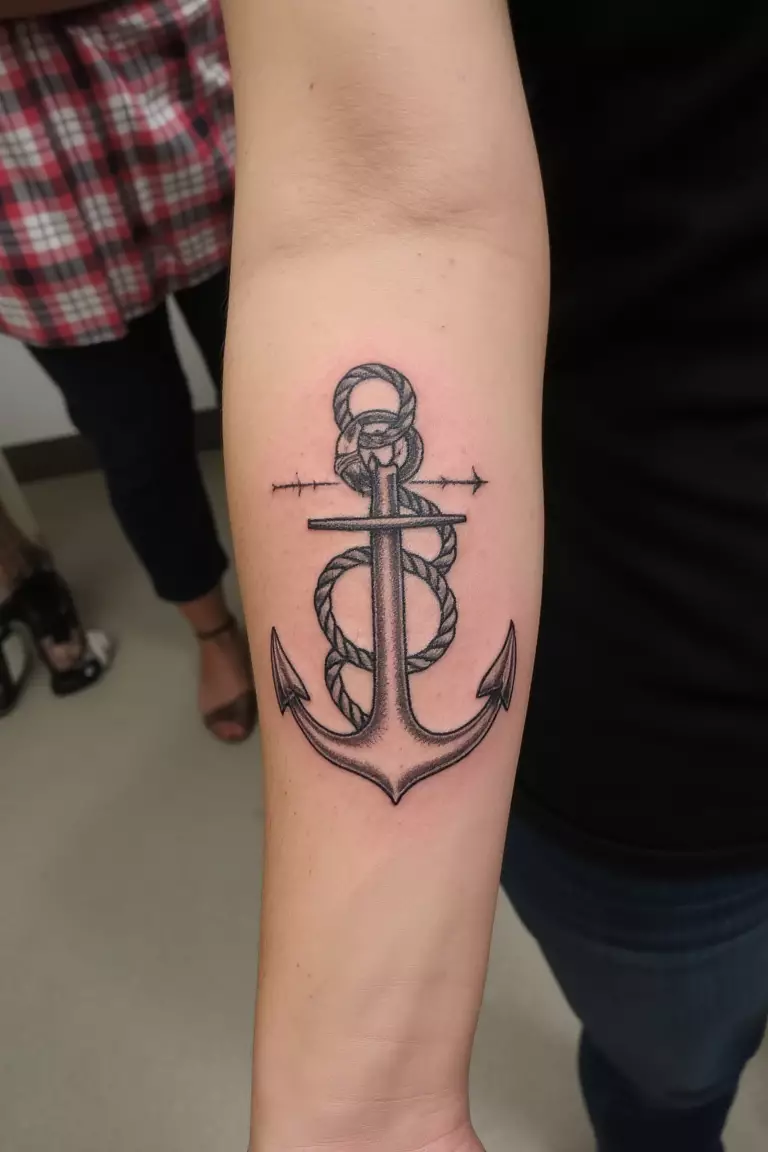 Anchor and Rope Knot A close up shot of woman's arm with a black ink anchor and rope knot tattoo.