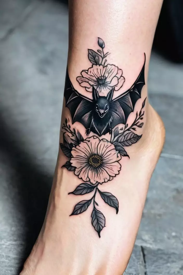 A close-up photo of a woman showing her blackwork bat tattoo with florals, combining dark elements with nature on her ankle.  