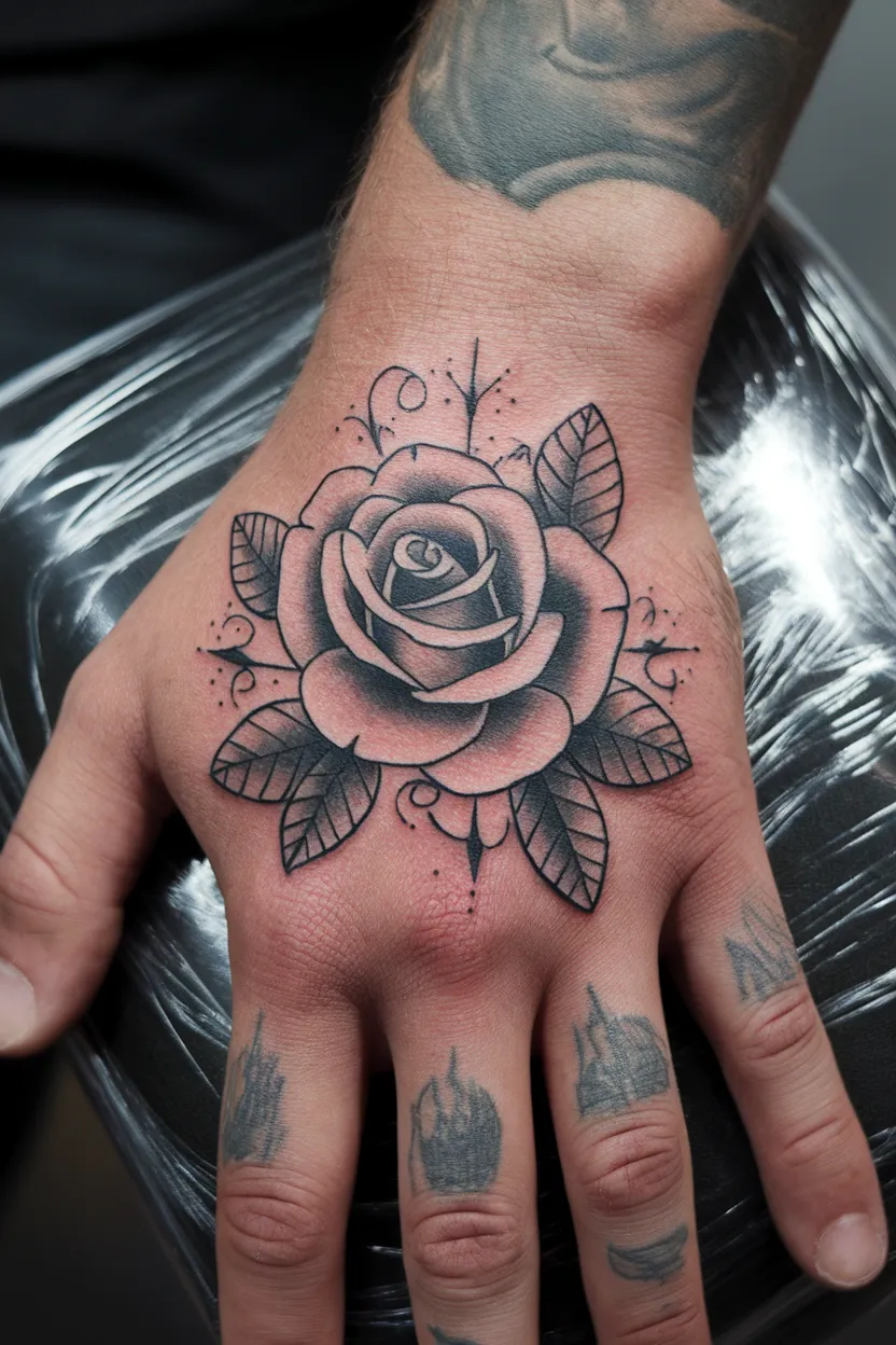 Trash Polka Rose Hand Tattoo