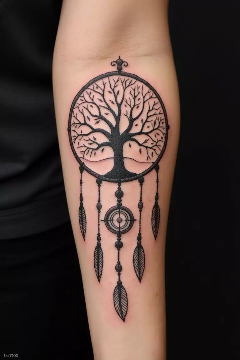 A close up shot of woman's arm with a black ink tree of life dreamcatcher tattoo.  