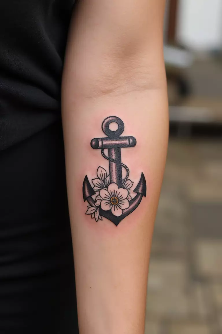 Anchor with Flowers A close up shot of woman's arm with a black ink anchor with flowers tattoo.