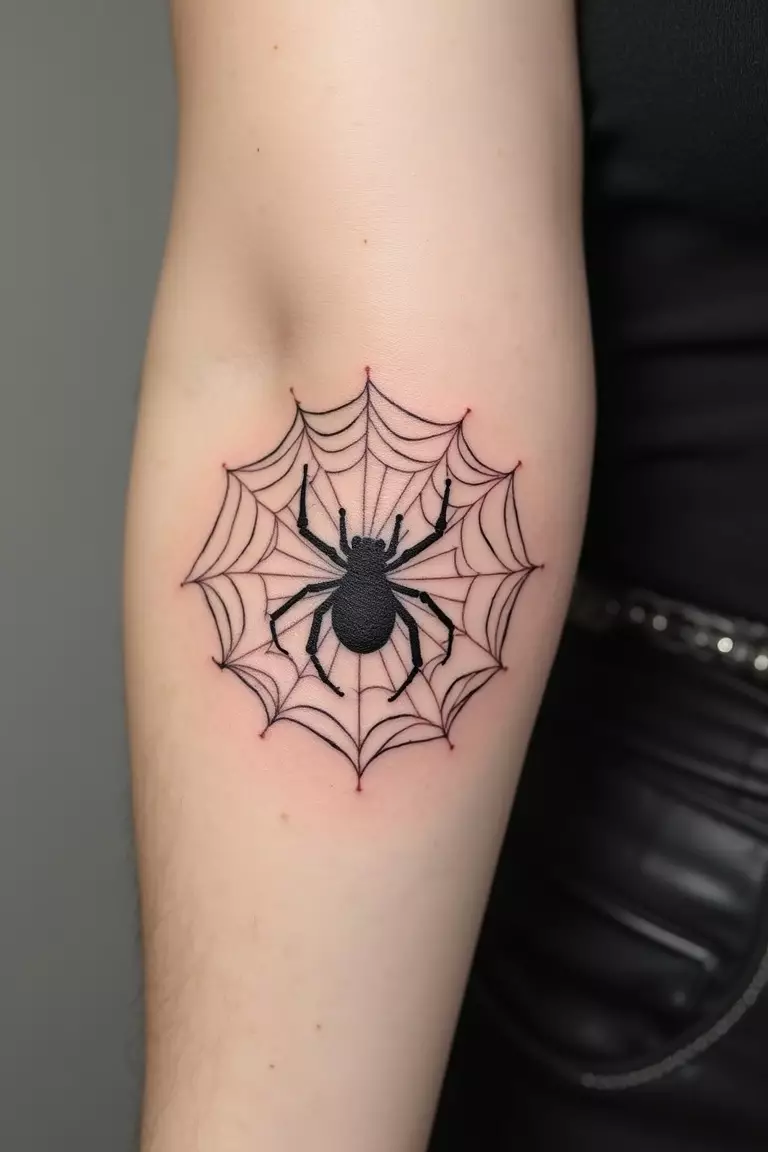 A close-up shot of a woman's arm with a black ink tattoo of a spider sitting in the center of a delicate, circular spider web.