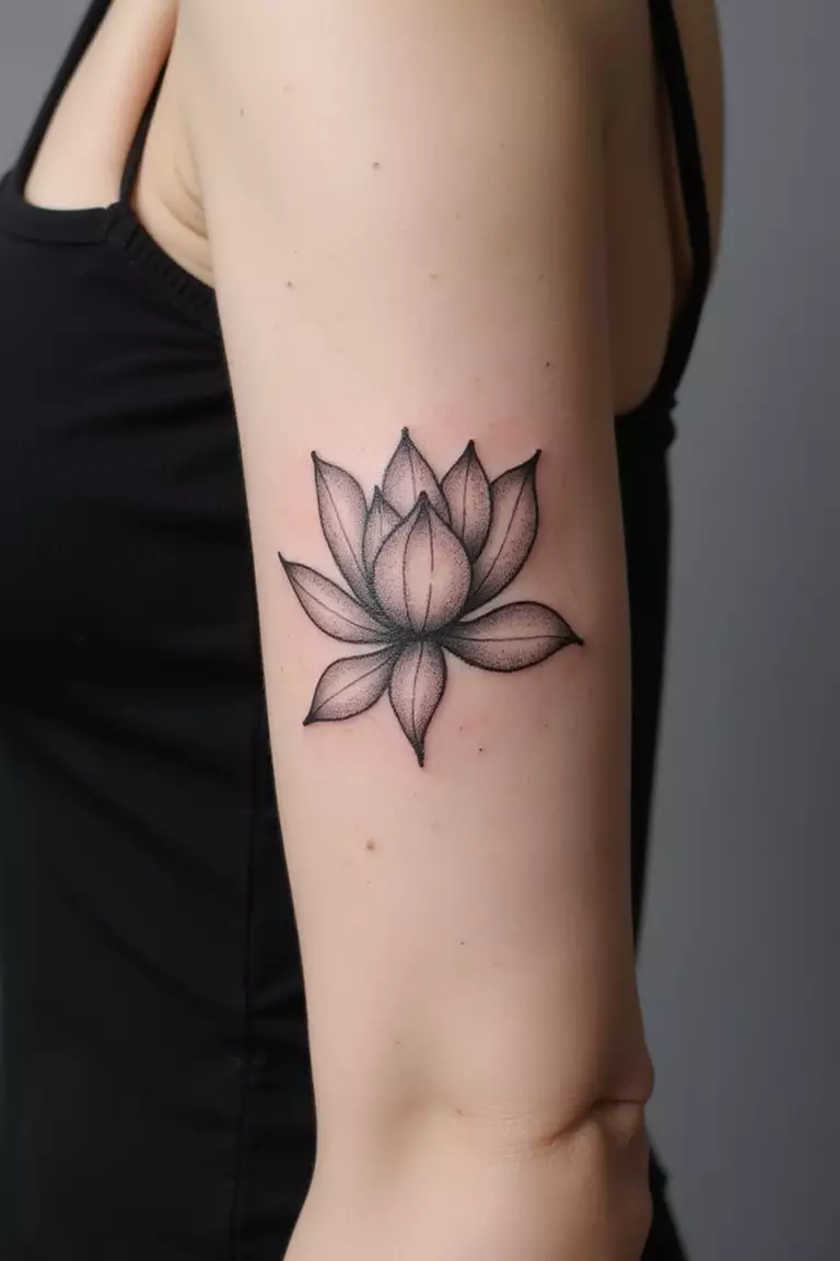 Lotus Flower A close-up shot of a woman's arm with a black ink tattoo of an elegant lotus flower with clean lines.
