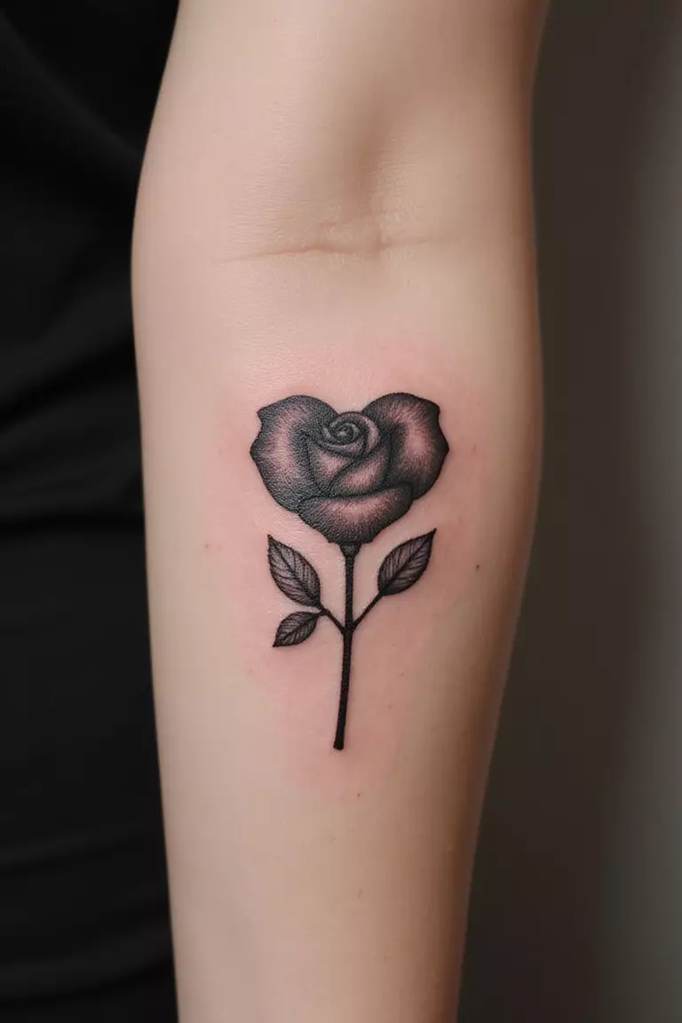 A close-up shot of a woman showing her black ink simple rose tattoo shaped like a heart on her arm.