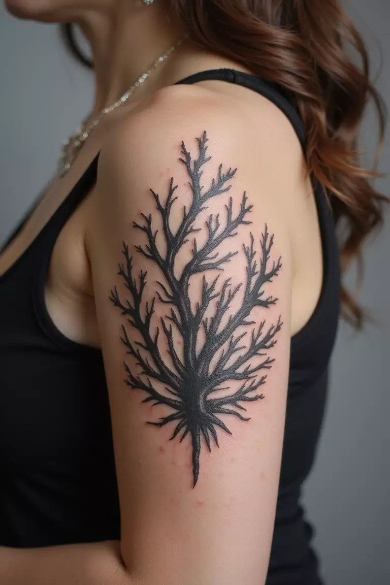 A close-up shot of a woman showing her black ink coral entwined with seaweed tattoo design on her arm