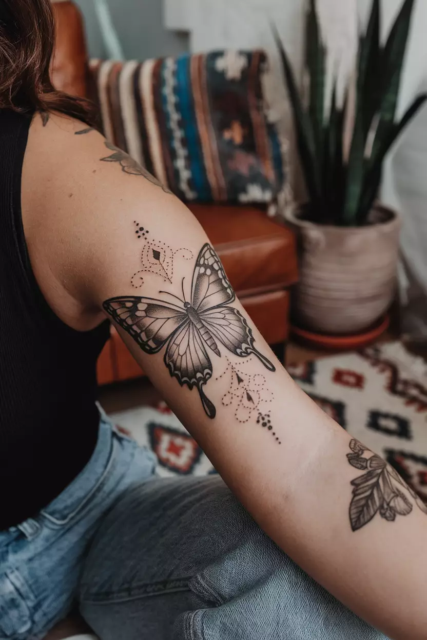 A close-up photo of a woman showing her vintage-style black butterfly tattoo with ornate details, reflecting nostalgia and timeless beauty, tattoo design, living room background