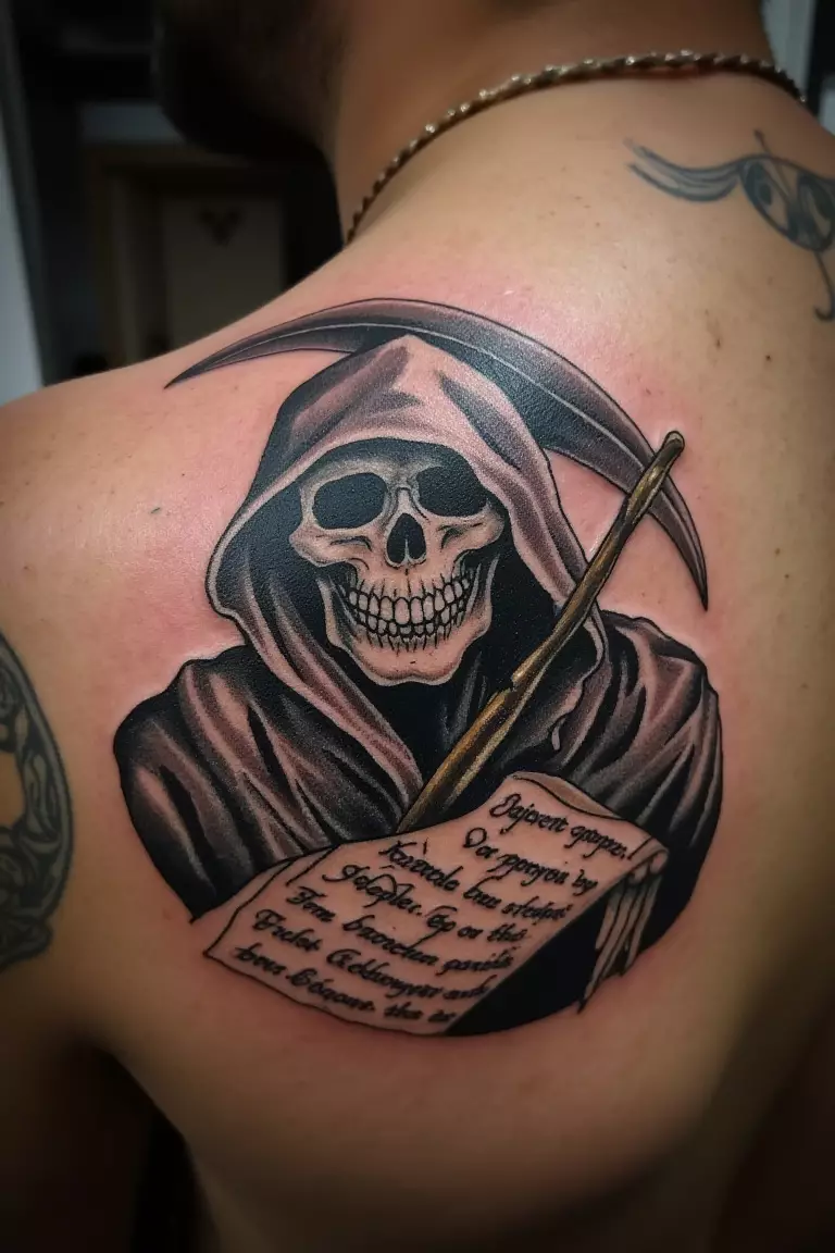 A close up shot of man's shoulder with a black ink grim reaper holding a scroll with text on it tattoo  