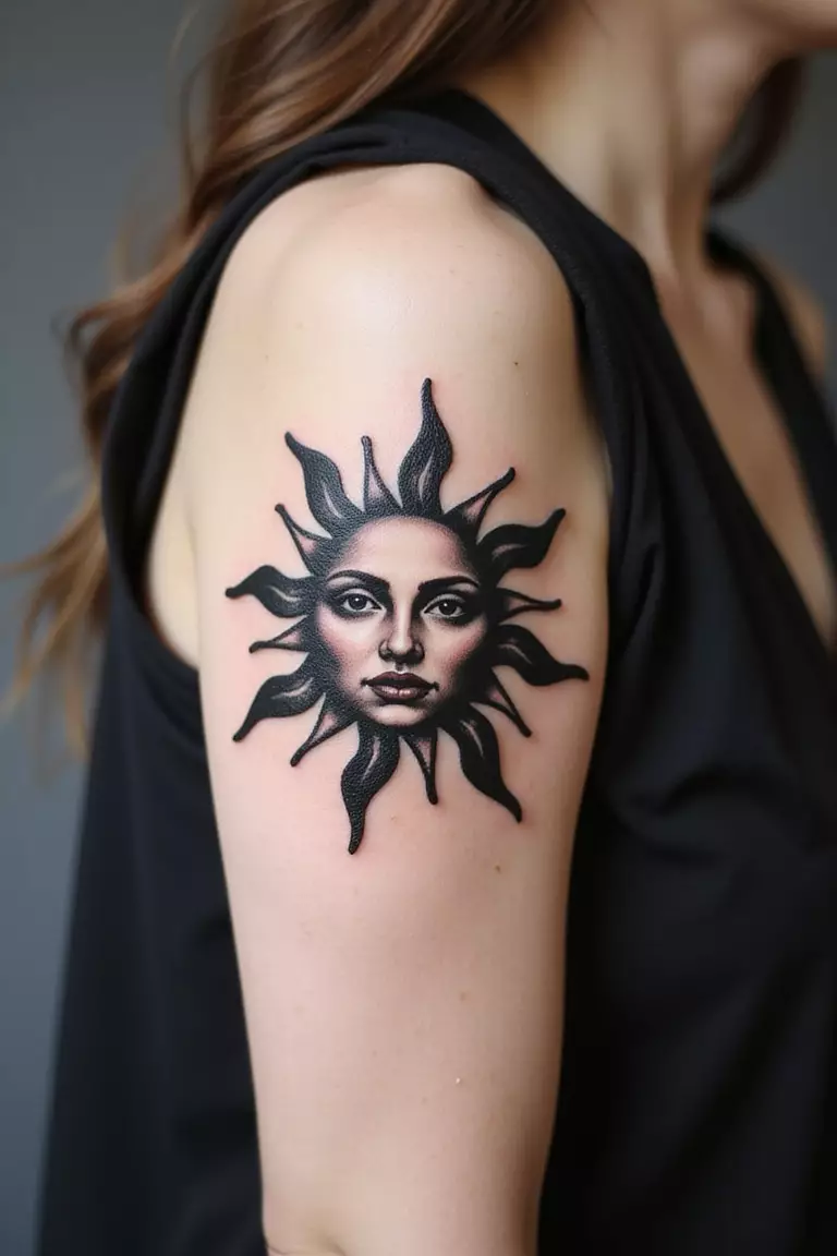 A close-up shot of a woman showing her black ink solid blackwork sun tattoo with bold shapes and negative space tattoo design on her arm