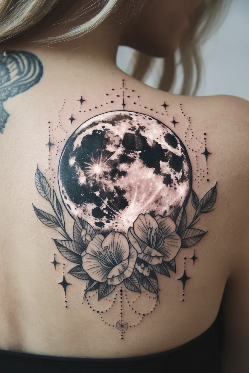 Moon and Flower Spine Tattoo