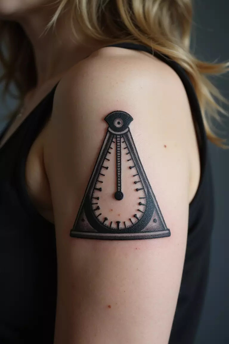 A close-up shot of a woman showing her black ink classic metronome tattoo on her arm.