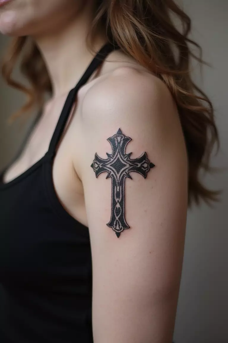 A close-up shot of a woman's arm with a black ink tattoo of a gothic cross.