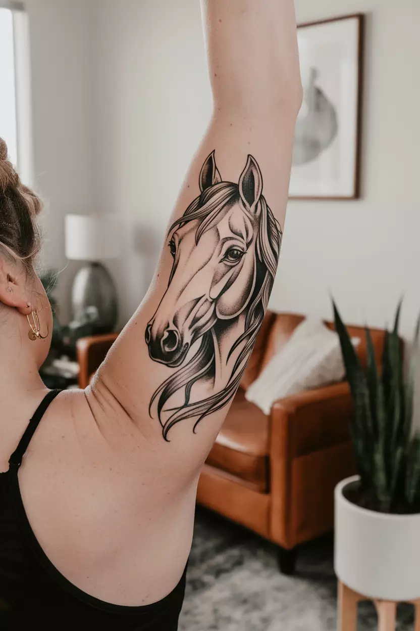 A photo of a woman with a blackwork half-sleeve feminine horse head tattoo, living room background.