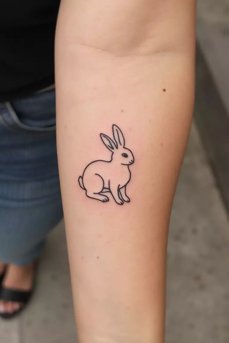 A close up shot of woman's arm with a black ink minimalist bunny outline tattoo  