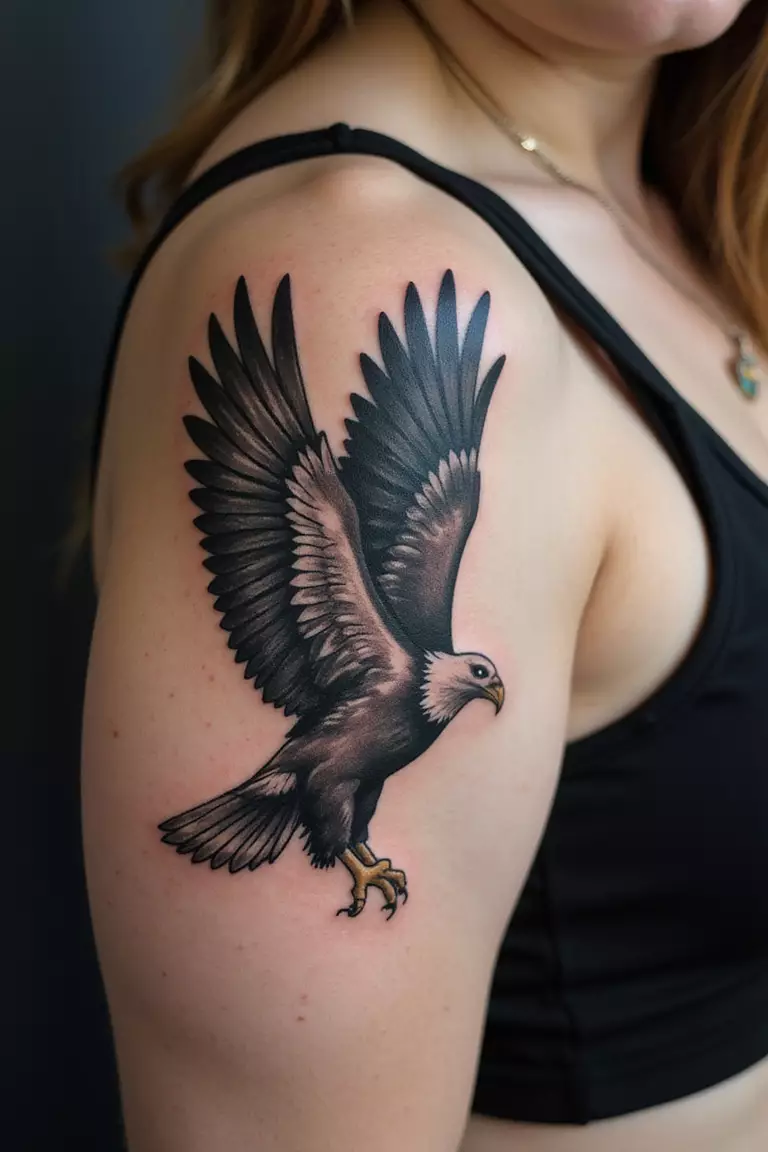 A close-up shot of a woman showing her black ink soaring eagle tattoo on her arm