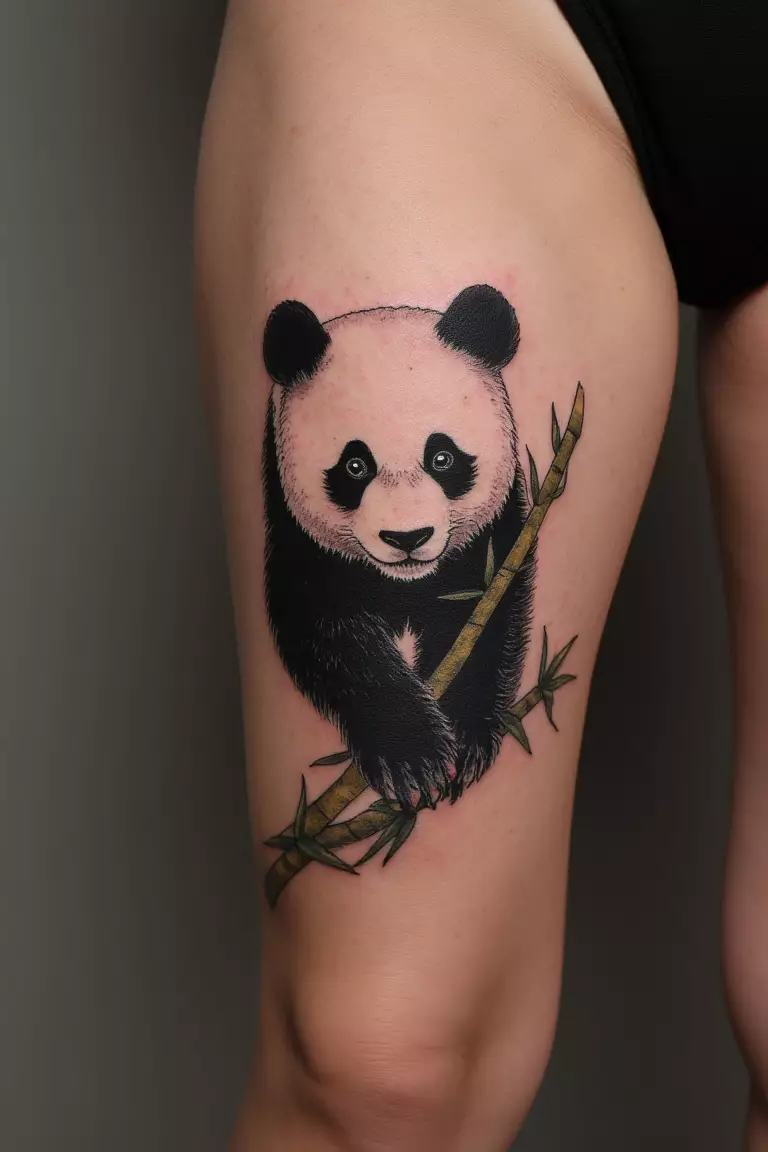A close up shot of woman with a fineline blackwork realistic panda in bamboo triceps tattoo.  