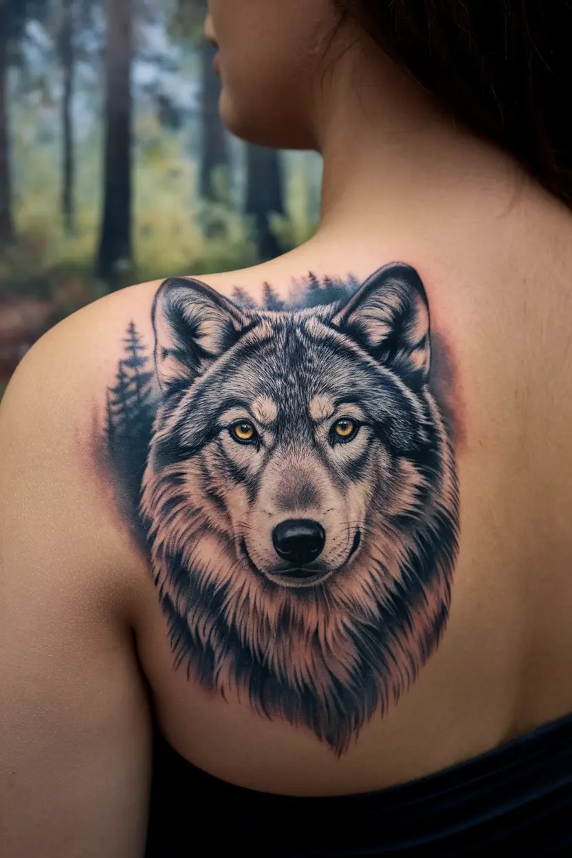 Stunning Realism Wolf Back Tattoo