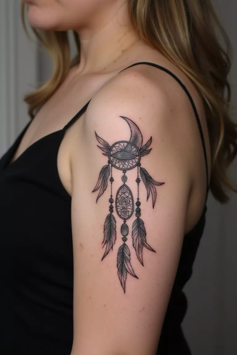 A close up shot of woman's arm with a black ink crescent moon dreamcatcher tattoo.  