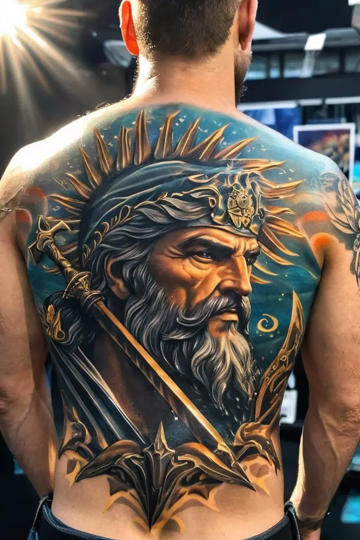 A photo of a man with a Poseidon full back tattoo, radiating sun rays that enhance the marine-themed artwork.  