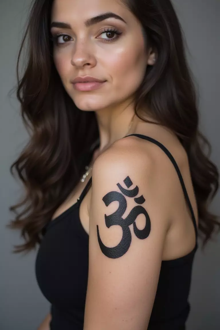 Indian Deities Or Symbols A close-up shot of a woman showing her black ink Indian Om Symbol tattoo design on her arm