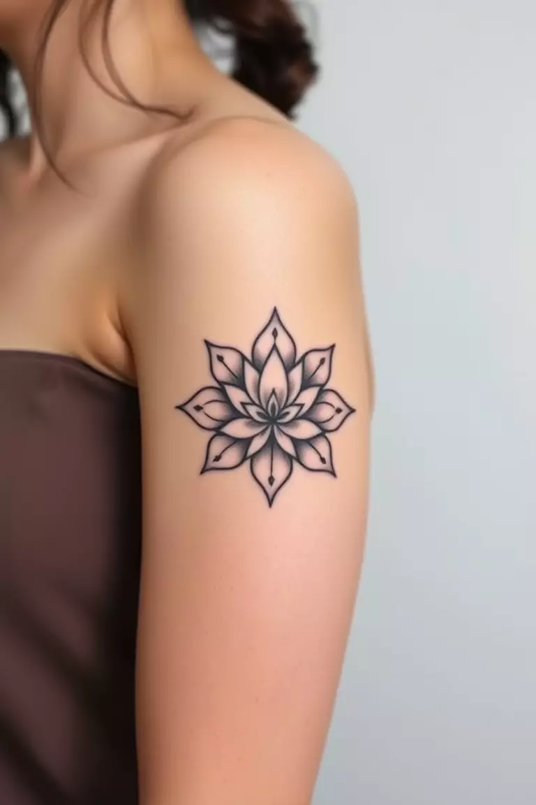 A close-up photo of a woman showing her geometric lotus flower arm tattoo design.  