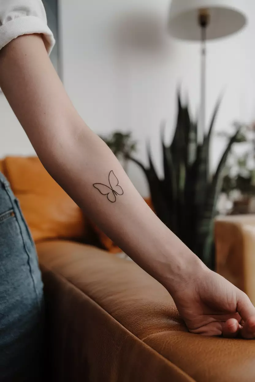 A close-up photo of a woman showing her minimalist black butterfly tattoo featuring a simple outline, perfect for those who appreciate subtlety and elegance, tattoo design, living room background