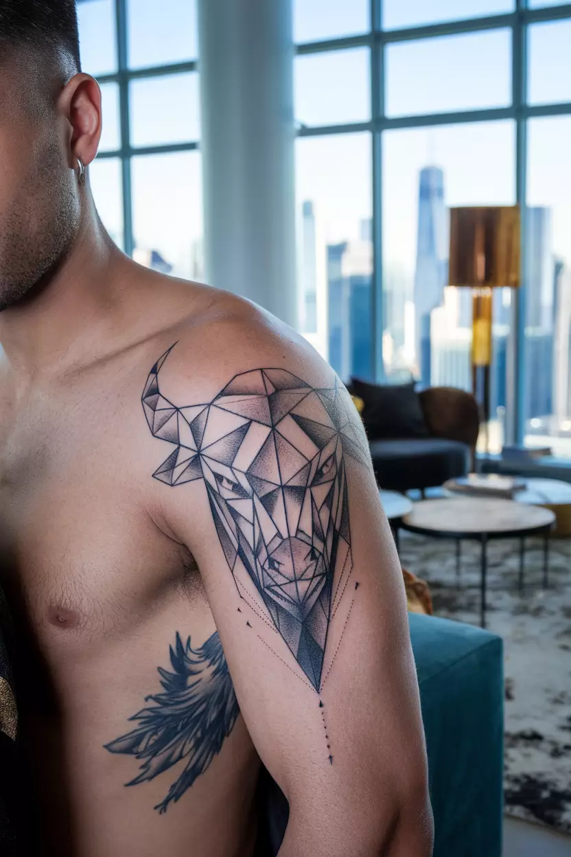A close-up photo of a man showing his geometric design tattoo representing the bull on his bicep, utilizing sharp angles against a stylish living room backdrop filled with chic furniture and artistic accents for an edgy look.