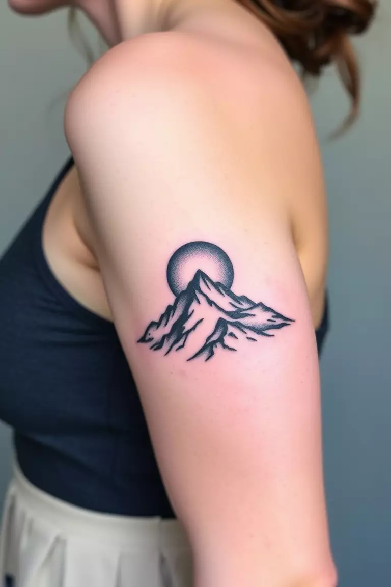 A photo of a woman with a moon phase and mountain tattoo on her side, capturing the cycles of the moon above the peaks.  