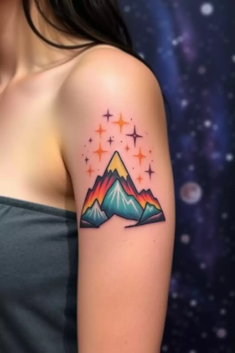 A photo of a woman with a colorful mountain and stars tattoo on her upper arm, illustrating a night sky backdrop.  